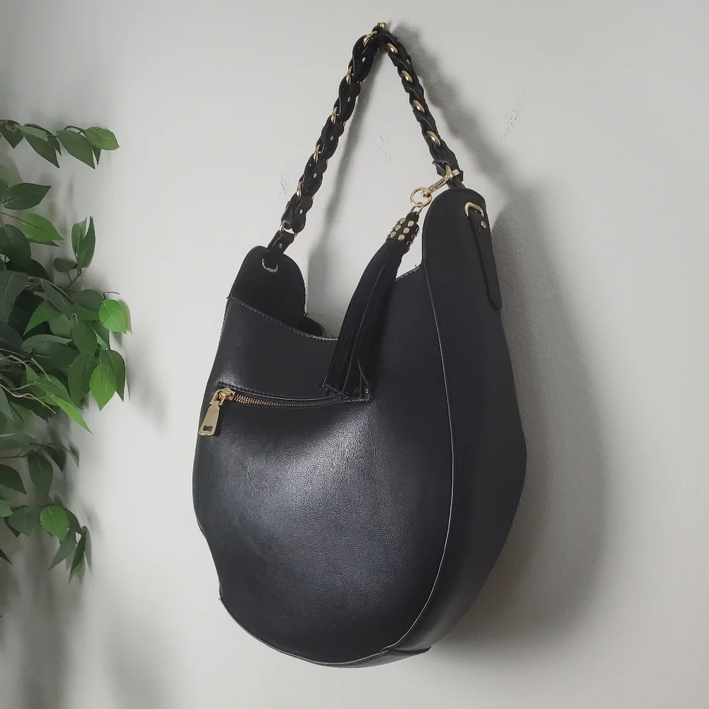 INC International Concepts Black Faux Leather Hobo Bag